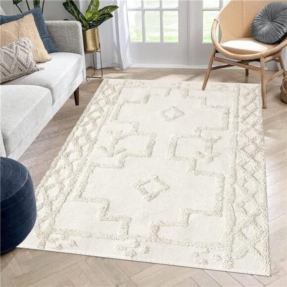 Uphome Boho Washable Rug 4' x 6', Beige Cotton Farmhouse Living Room Rugs